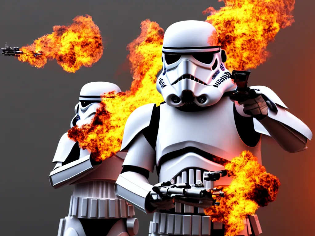 Image similar to storm trooper in a battle, smoke, fire, explosions, chrome, shiny, reflective, metallic, 3 d render, realistic, hdr, stan winston studios, dramatic lighting, flame colors bright,