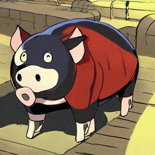 Prompt: Fall of capitalism, pigs with jackets, ghibli studio style, anime style