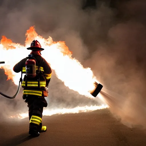Prompt: a firefighter using a flamethrower