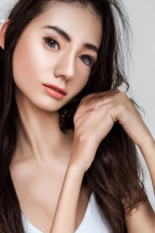 Image similar to 2 4 year old female neck model, wearing white v - neck top, zoomed in, photo realistic, extreme detail skin, no filter, slr, golden hour, 4 k, high definition, ecommerce photograph