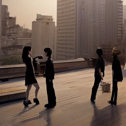 Prompt: a small rooftop with a couple of modern teenagers, standing and talking to each other, clear portrait realistic, wearing black modern clothes, modern shanghai bund is on the background, dust, sunset, by gregory crewdson, by hajime sorayama