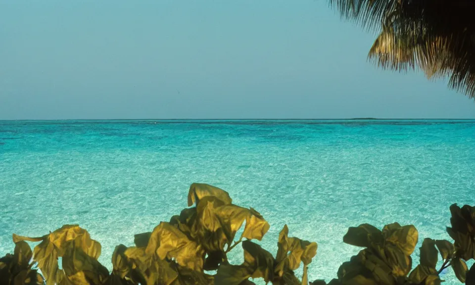 Image similar to 35mm film still, morning light over an island in the maldives, color palette of gold