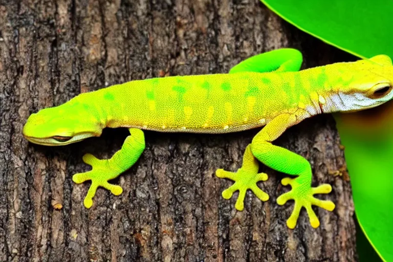 Image similar to a gecko hanging from a leaf