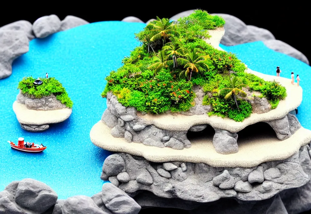 Prompt: orama miniature island on ocean, microscopic view, with godray,