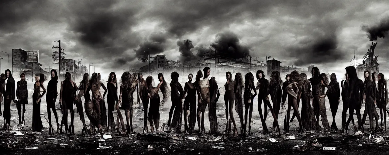 Prompt: a full length portrait of a small group of super models, by Lee Jeffries, center spread of a fashion magazine, background post-apocalyptic wasteland, a storm of nuclear fallout blasts accross the scene, the remains of collapsed buildings crumble in background, twisted bodies can be seen silhouetted in the far distance, faces bent downward,, hands clawing among the wreakage of their culture, Highly Detailed