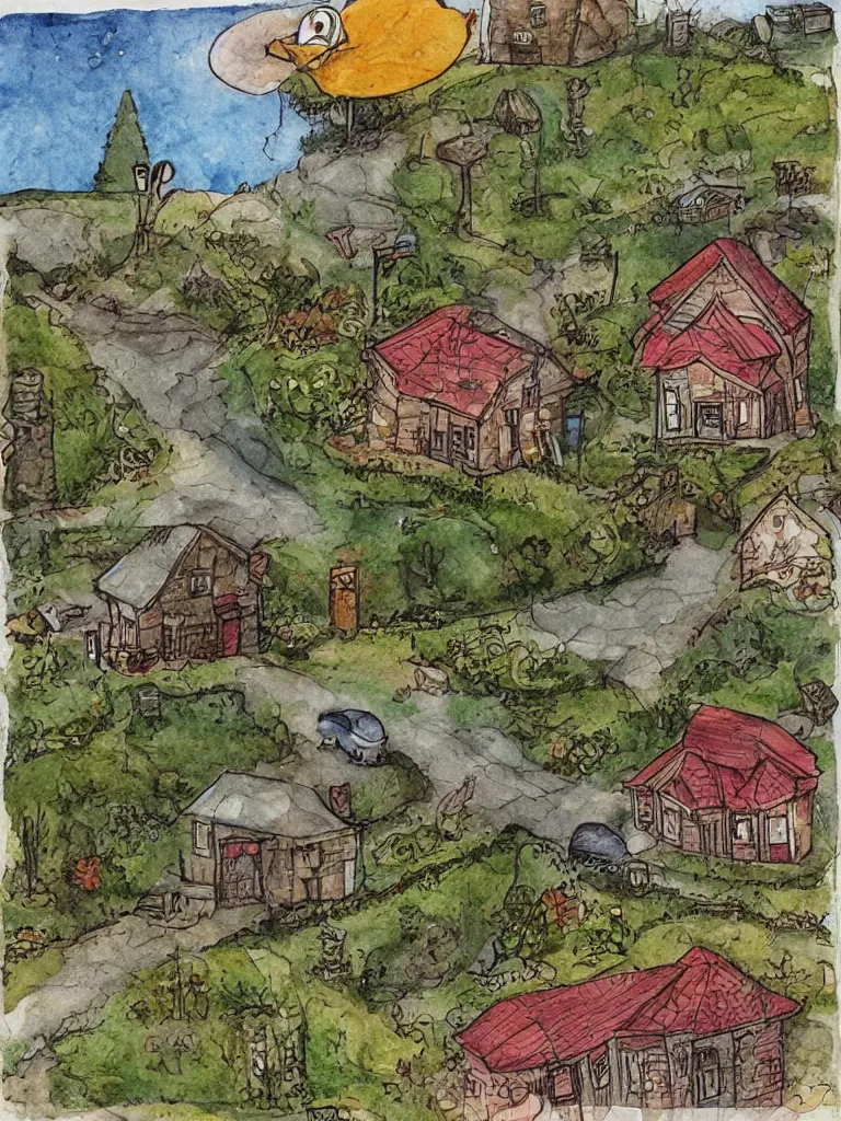 Prompt: a house on the edge of town by storybook artists, blunt borders, rule of thirds