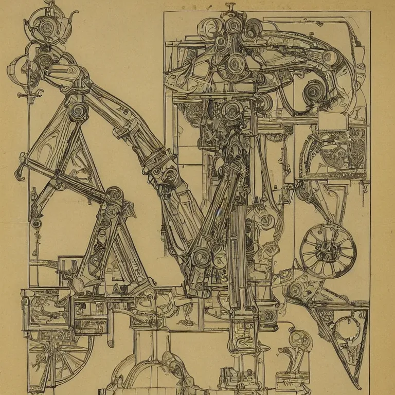 Image similar to detailed, intricate technical drawings on parchment from 1 8 4 0, with labels and notes, for a beautiful, symmetric, art deco robotic arm holding a paintbrush, a pencil, and scissors, by ron cobb and alphonse mucha