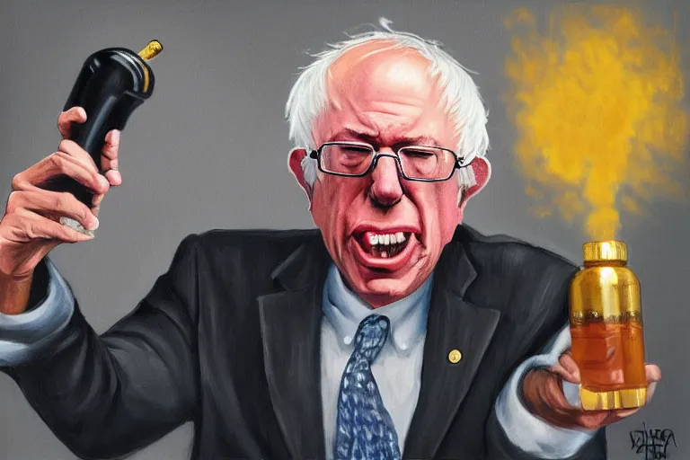 Image similar to Bernie Sanders as rap artist in the hood with gold chains and gold teeth, drinking cough syrup, carrying an Uzi, oil on canvas, artstation, portrait, masterpiece, aesthetic