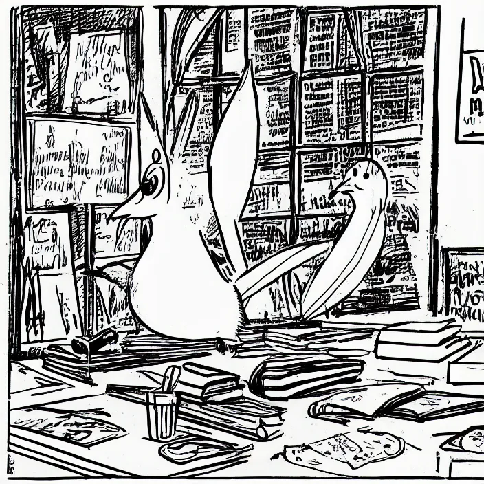 Prompt: a still frame from comic strip a pigeon sitting on the desk 1 9 9 0, new yorker illustration, monochrome contrast bw, lineart, manga
