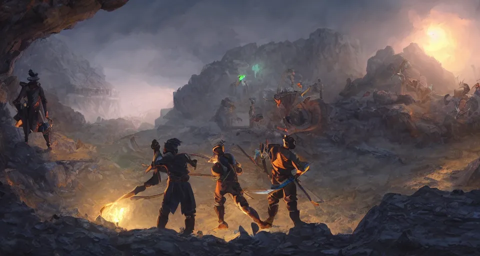 Image similar to An epic fantasy comic book style landscape painting of young breaker boys working in the mines to break ore, unreal 5, DAZ, hyperrealistic, octane render, dynamic lighting