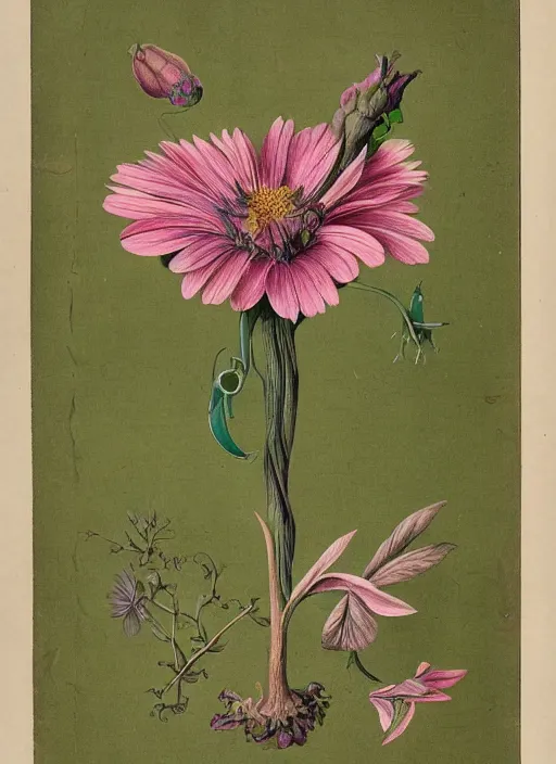 Image similar to fantasy scientific botanical illustration of colorful flower with a mouth and teeth on its base