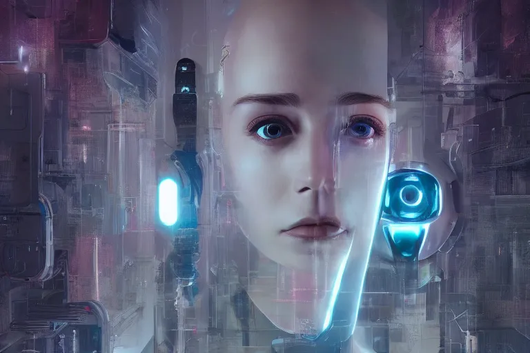 Image similar to highly detailed surreal vfx portrait of a robot android, ex machina, stephen bliss, unreal engine, greg rutkowski, loish, rhads, beeple, makoto shinkai and lois van baarle, ilya kuvshinov, rossdraws, tom bagshaw, global illumination, detailed and intricate environment