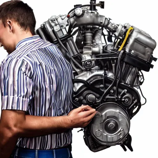 Image similar to a man with engines on his back, diesel engine, gasoline engine, combustion engine