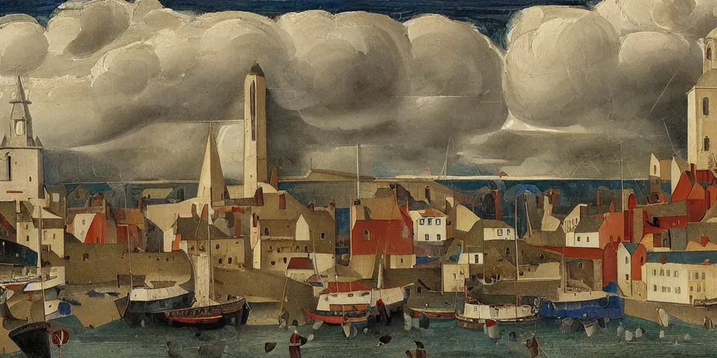Image similar to a painting of the harbour at Kirkwall, orkney islands, small houses, boats, a cathedral, crowds gather, sea, stormy clouds, by Fra Angelico