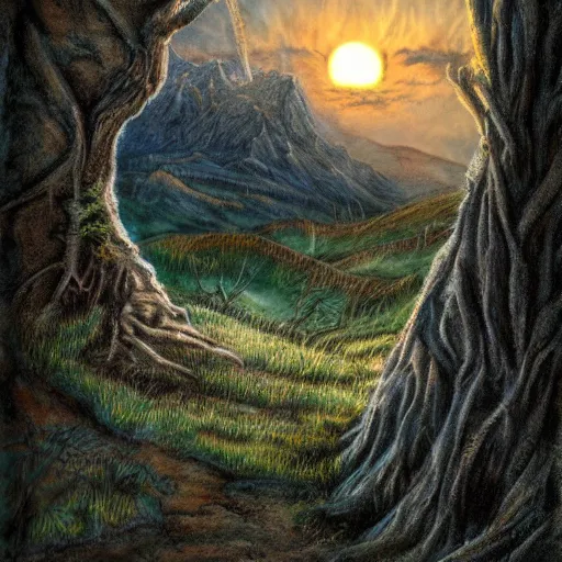 Image similar to steampunk ent from lord of the rings, realistic, pastel, high detail, dark, natural mountainous background with setting sun, smoke in sky