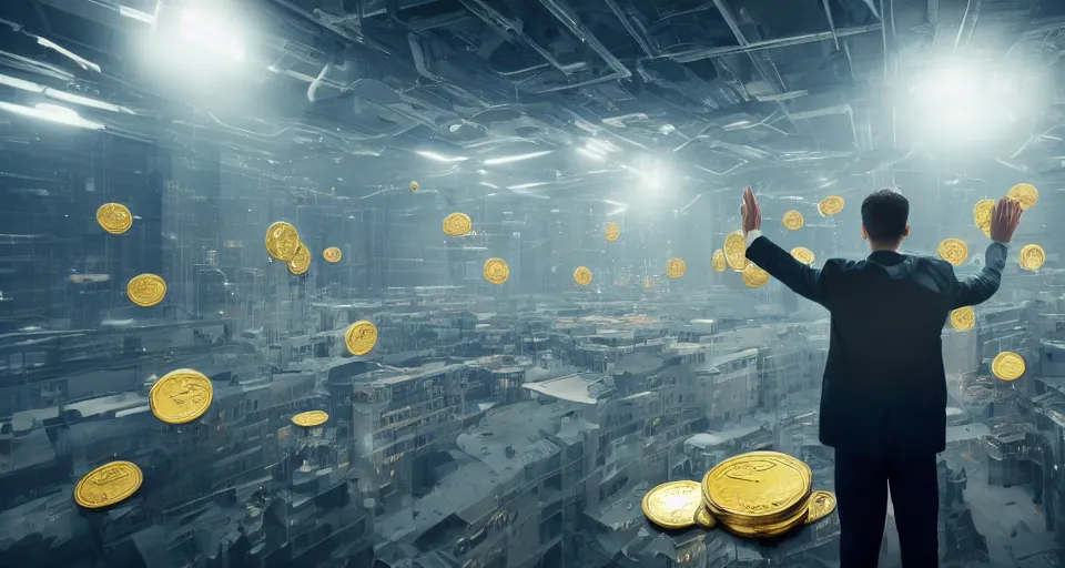 Image similar to Dramatic photo of a CEO waving to a large group of his coworkers in a futuristic office. Golden coins are levitating all around them. 8k, high detail, trending on Artstation, volumetric lighting, cyberpunk