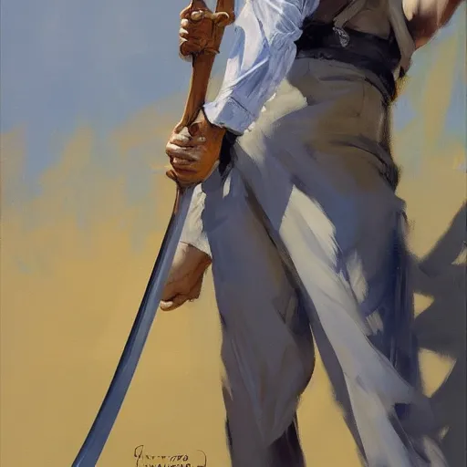 Image similar to greg manchess portrait of a blond man in a blue suit swinging overhead with a sword, organic painting, sunny day, matte painting, bold shapes, hard edges, street art, trending on artstation, by huang guangjian, gil elvgren, ruan jia, randy vargas, greg rutkowski