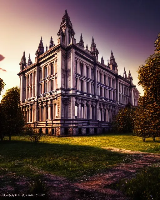 Prompt: a beautiful ultradetailed render of palace building urbex unfinished building by owen d. pomery, crystal nature sunset, archdaily, wallpaper, highly detailed, trending on artstation.