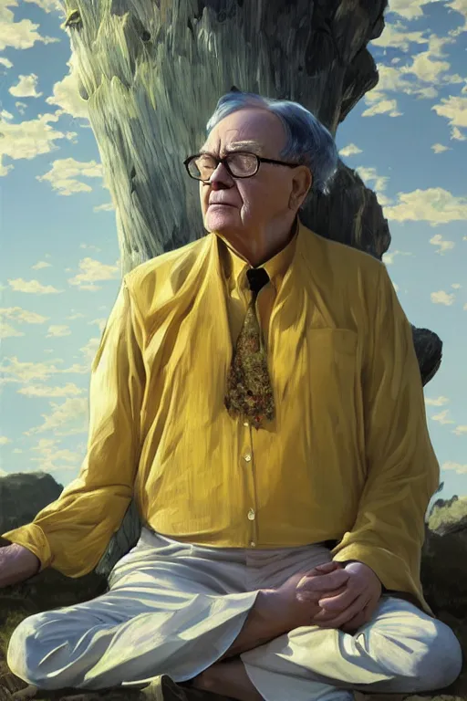 Image similar to warren buffet godly clothes meditating in the sun, yellow lighting ultra realistic photorealistic highly detailed high quality, a stunningly, digital painting, artstation, concept art, smooth, sharp focus, illustration, art by artgerm and greg rutkowski and alphonse mucha 8 k