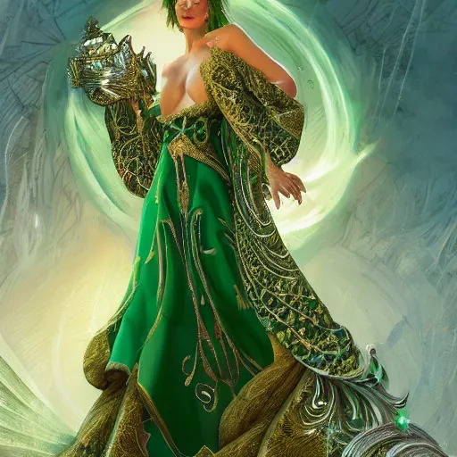 Image similar to a beautiful woman wearing a green and white kaftan made of silk with golden ornaments and diamonds jewelry by alex gray and android jones , Karol Bak, Ayami Kojima, Amano , concept art, character design, fantasy,3D, 8k resolution