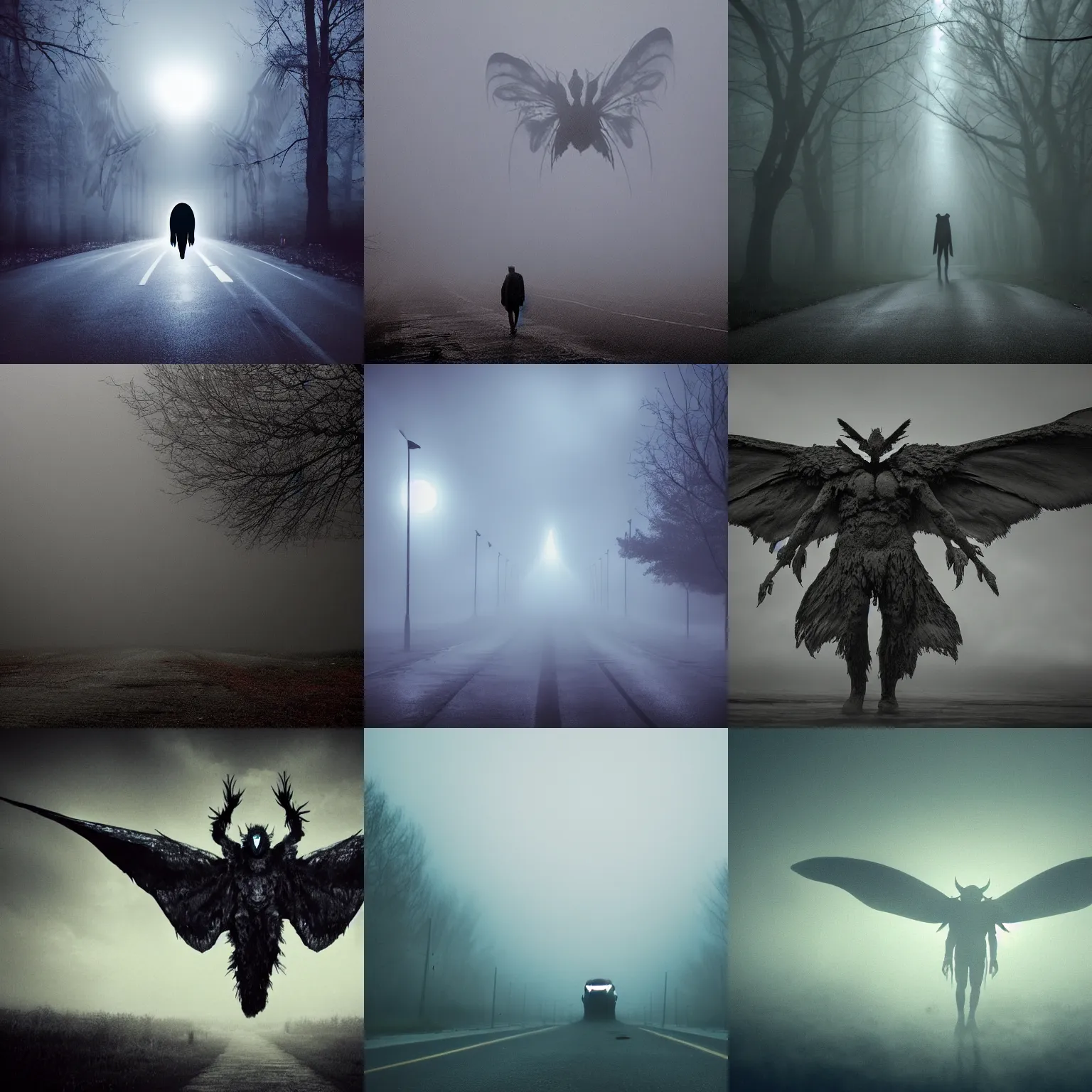 Image similar to mothman glowing eyes misty atmospheric ominous perspective