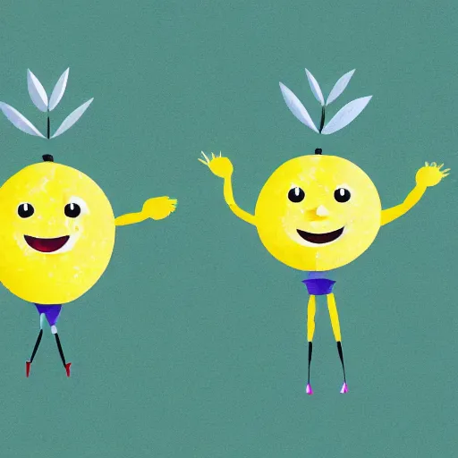 Image similar to An illustration of lemons with arms and legs dancing.