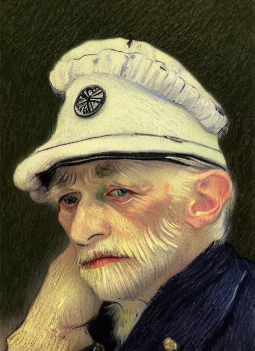 Image similar to portrait of a very old sailor with white hair and captain's hat, asleep, detailed realism face in painting, detailed beautiful portrait, expressionist oil painting masterpiece, 8 k resolution, smooth, sharp focus, pastel color palette, trending on artstation, by van gogh