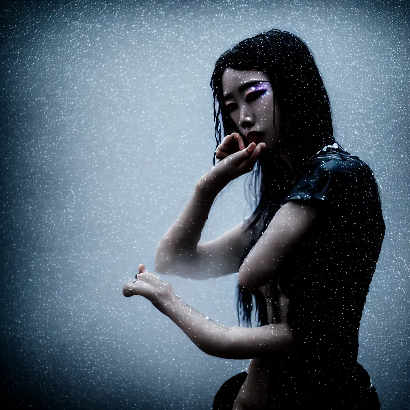 Image similar to a photo close up cyberpunk woman dance in heavy rain and smoke, cyberpunk gunma prefecture, midnight, photorealistic, cinematic lighting, highly detailed, bokeh, style by tomino - sama