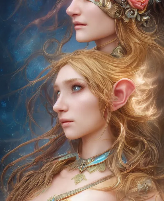 Image similar to a beautiful and highly detailed digital portrait of a dignified elf with long blue windswept hair in a rose gold breastplate by artgerm, karol bak, and lu ji, centered, artsation contest winner, cgsociety, fantasy art, cryengine, concept art, photorealism, daz 3 d, sketchfab, zbrush, vray