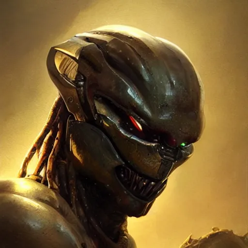 Image similar to A frontal head portrait of The Predator , by dreadjim, Greg Rutkowski, james gurney, epic scifi character art, Exquisite detail, post-processing, low angle view, masterpiece, cinematic