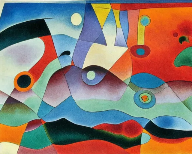 Image similar to A wild, insane, modernist landscape painting. Wild energy patterns rippling in all directions. Curves, organic, zig-zags. Saturated color. Mountains. Clouds. Rushing water. Waves. Sci-fi dream world. Kandinsky. Yves Tanguy. Paul Klee.