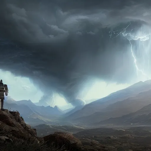 Image similar to a beautiful stunning insanely detailed complex matte painting of a robot wanderer looking at a tornado in the distance, cinematic lighting, mountains, epic scale, vast, by Greg Rutkowski, artstation