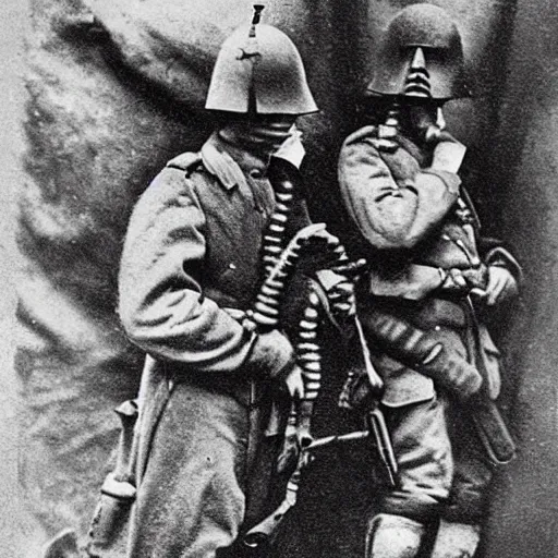 Image similar to close up of creepy occultist soldiers, ww 1 photograph, photoreal