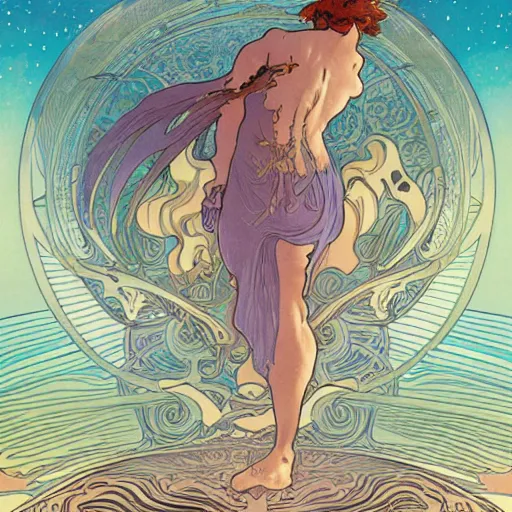 Image similar to a dolphin leaving its body, astral projection, astral travel, space background, cinematic, detailed, very realistic, by Alphonse Mucha, Moebius, Laurie Greasley, 8k