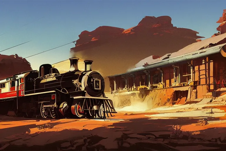 Image similar to idyllic old western train station illustration by syd mead artstation 4 k graphic novel concept art matte painting