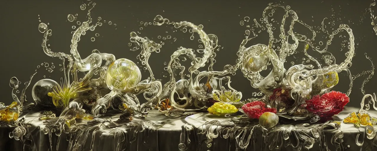 Image similar to ultradetailed photorealistic still life with jelly flowers by ernst haeckel, caravaggio, roger dean and andrei tarkovsky, slime and tentacles, wide angle, minimalistic cinematic composition, octane render, bokeh, unreal engine, 4k 3d render