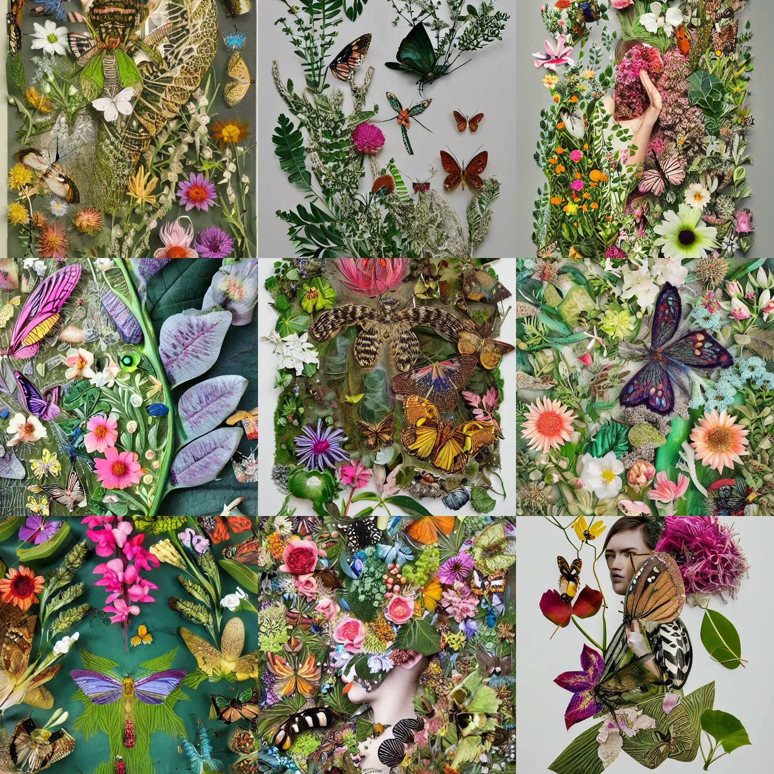 Prompt: hand cut images of flora and fauna come together in lush and intricate compositions, insects, flowers, foliage, captivating, mixed media
