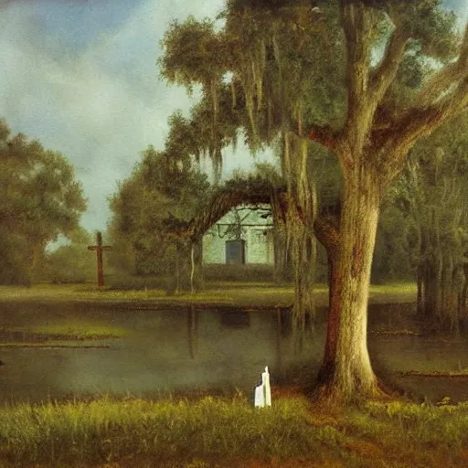 Image similar to 1 9 e century southern gothic scene, old white wooden church in bayou swamps, in louisiana, old painting style claude gellee