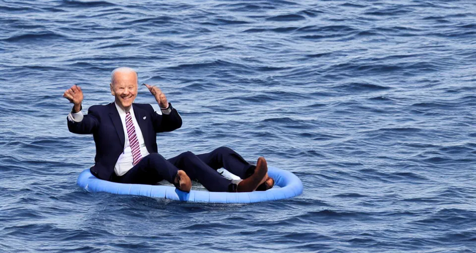 Prompt: joe biden sitting on a floating ring in the ocean