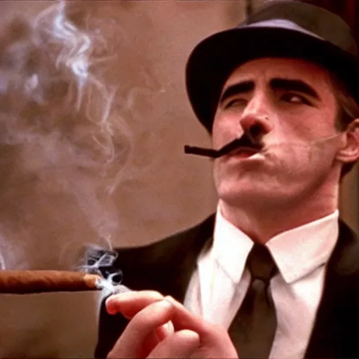 Prompt: A still of a cat smoking a cigar in The Godfather (1972)