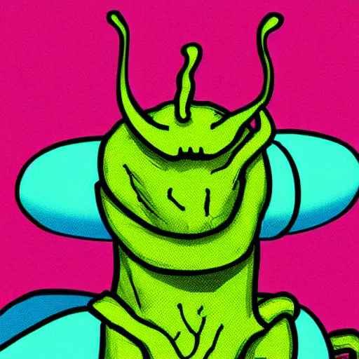 Image similar to illustration of a race of reptilian - esque aliens, in neon colors. the aliens have large antenna - like protrusions from their head.