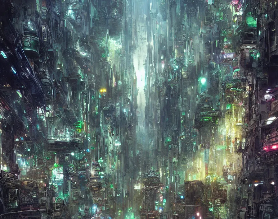 Prompt: street in dark alien city leading to park with with giant baobab trees and alien plants, perspective stretching upwards, a temple, huge alien buildings, bridges, puddles on ground, scifi, science fiction spacecraft, jagged blocks of stone, multicoloured, hr giger, john berkey, daniel dociu, jeremy mann,