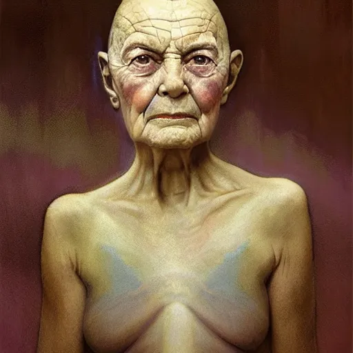 Image similar to hyperrealist portrait of an ancient old alien woman with three heads standing in a vast empty space with mounds of clay here and there by jeremy mann and alphonse mucha and stan lee, fantasy art, photo realistic, dynamic lighting, artstation, poster, volumetric lighting, very detailed faces, award winning, full face, symmetry