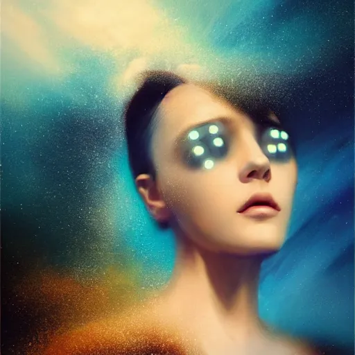 Prompt: sci - fi, 3 d, stars, fashion model face closed eyes, cinematic, clouds, sun rays, vogue cover style, poster art, blue mood, realistic painting, intricate oil painting, high detail illustration, figurative art, multiple exposure, water, 3 d, by tooth wu and wlop and beeple and greg rutkowski