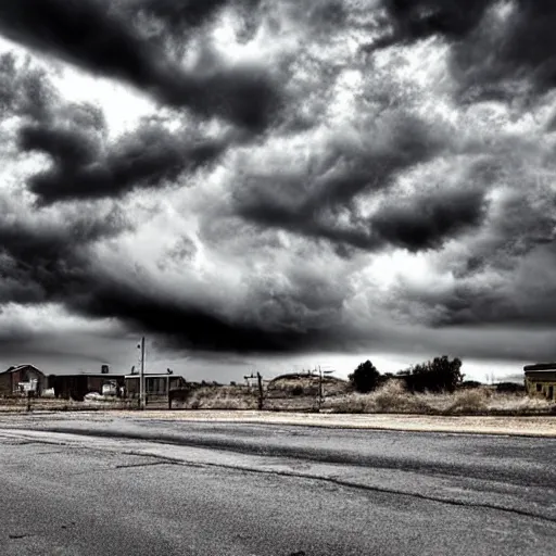 Prompt: desolate uncanny neighborhood with a stormy sky