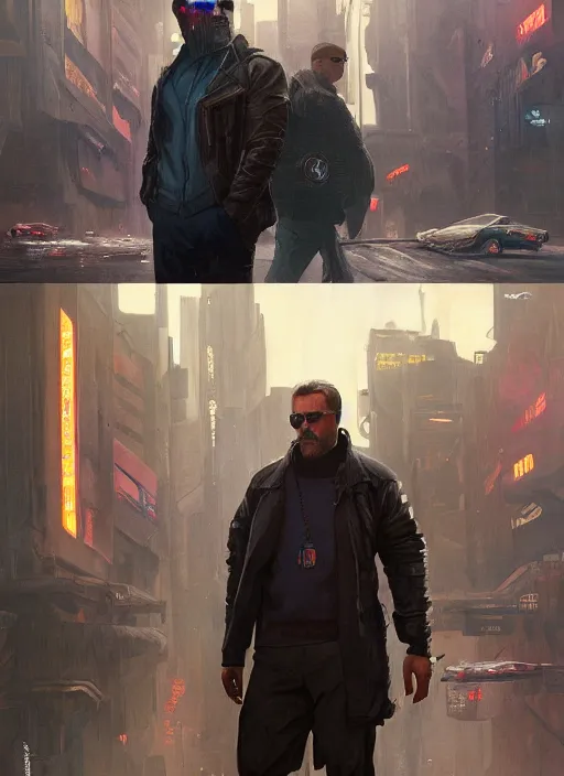 Image similar to Modern Teddy Roosevelt. Cyberpunk bouncer. blade runner 2049 concept painting. Epic painting by James Gurney, and Alphonso Mucha. ArtstationHQ. painting with Vivid color. (rb6s, Cyberpunk 2077)