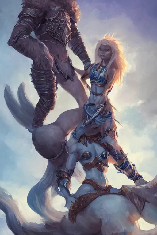 Image similar to a small blue-skinned triton girl wearing scale armor riding on a the shoulders of a large male goliath wearing fur and leather armor, dnd concept art, painting by ross tran and Tyler Jacobson