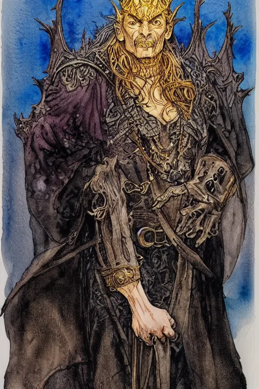 Prompt: a realistic and atmospheric watercolour fantasy character concept art full body portrait of an evil king with a black crown looking at the camera with an intense gaze by rebecca guay, michael kaluta, charles vess and jean moebius giraud