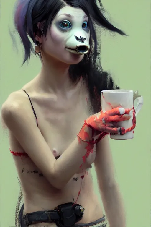 Image similar to portrait of a punk girl on a date with pepe! the frog! drinking coffee in the style of fenghua zhong and ruan jia and jeremy lipking and peter mohrbacher, extremely detailed digital painting, 8 k