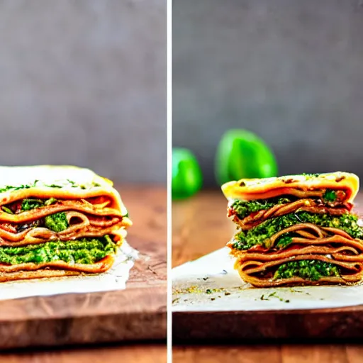 Image similar to a pesto lasagna sandwich, cookbook photo